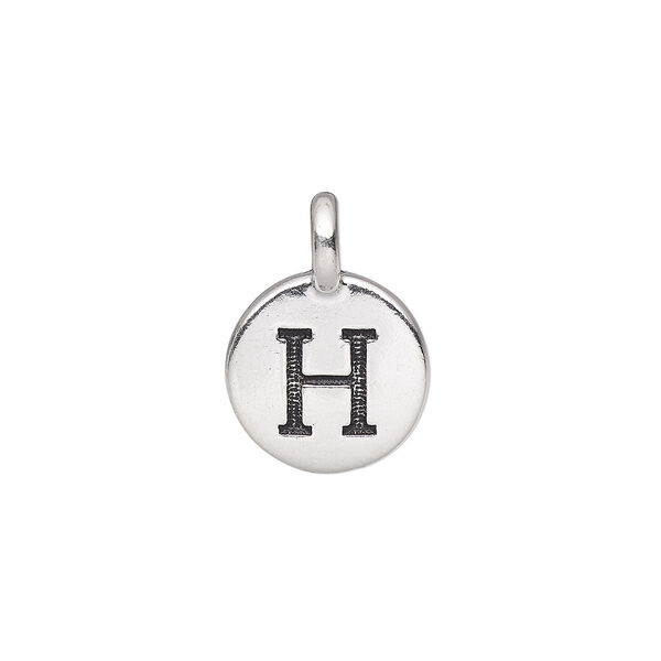 Drop, TierraCast®, antique silver-plated pewter (tin-based alloy), 11.5mm single-sided round with textured alphabet letter "H." Sold per pkg of 2. image number 0