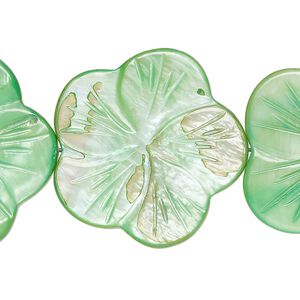 Bead, mother-of-pearl shell (dyed), shamrock, 28x27mm-30x29mm carved flat flower, 0.6-0.8mm hole, Mohs hardness 3-1/2. Sold per 15-1/2" to 16" strand.