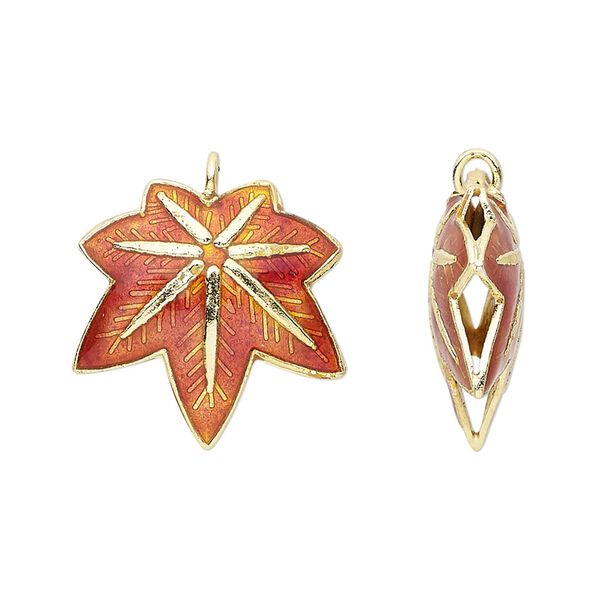 Charm, cloisonné, enamel and gold-finished copper, red, 20x20mm double-sided maple leaf. Sold per pkg of 4. image number 0