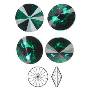 Chaton, Preciosa MAXIMA Czech crystal rhinestone, emerald, foil back, 14mm faceted rivoli. Sold per pkg of 144 (1 gross).