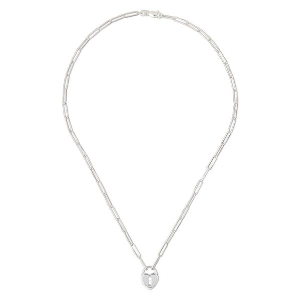 Necklace, sterling silver, paper clip chain with 16x12mm heart lock, 18 inches with lobster claw clasp. Sold individually. image number 0