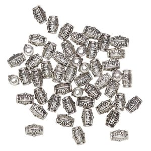 Bead, "pewter" (zinc-based alloy), pkg/50, 10x6mm-10x7mm oval tube with flower, antique silver finish.