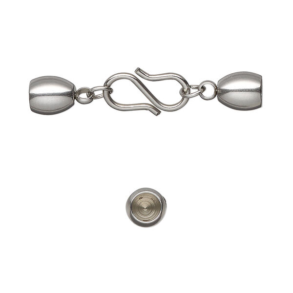 Clasp, S-hook, stainless steel, 32x7mm clasp with 13x7mm hook and 6.5x5mm glue-in bell ends, 4mm inside diameter. Sold individually. image number 0