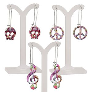 Earring mix, mylar / imitation rhodium-plated steel / "pewter" (zinc-based alloy), multicolored, 2-1/4 to 2-3/4 inches with peace sign / skull / music note and kidney ear wire. Sold per pkg of 3 pairs.