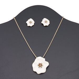 Necklace and earring set, enamel / Czech glass rhinestone / copper-finished brass / steel / "pewter" (zinc-based alloy), white and clear, 40x35mm freeform flower, 16 inches with 3-inch extender chain and lobster claw clasp, 23.5x20mm freeform flower with post. Sold per set.