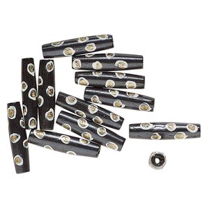 Bead, bone (dyed), black / white / gold, 25.5x8mm-24x7mm hand-painted tube with spotted design. Sold per pkg of 12.