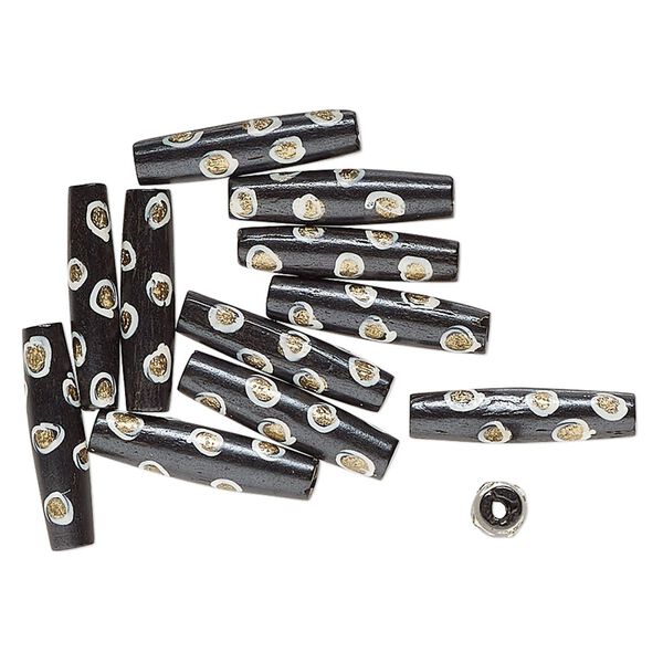 Bead, bone (dyed), black / white / gold, 25.5x8mm-24x7mm hand-painted tube with spotted design. Sold per pkg of 12. image number 0