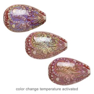 Bead, acrylic, multicolored, 23x15.5mm color-changing puffed teardrop with fancy design. Sold per pkg of 2.