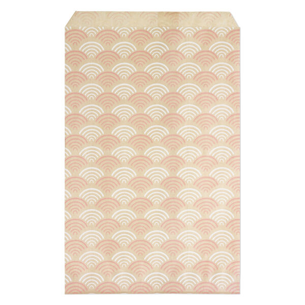 Bag, paper, brown, white and pink, 9x6 inch rectangle with fan-print and scalloped top edge. Sold per pkg of 100. image number 0