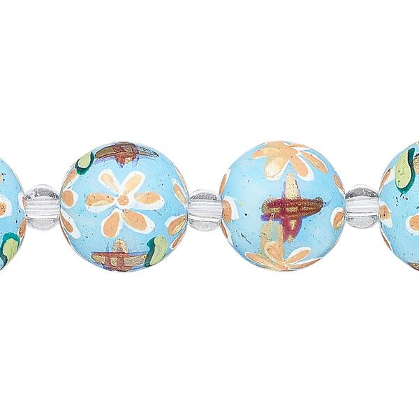 Bead, glass 1pkg8, multicolored, 14mm round with hand-painted flower. image number 0