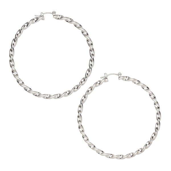 Earring, silver-finished steel, 2-1/2" twisted round hoop with latch-back closure. Sold per pair. image number 0