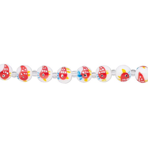 Bead, glass 1pkg8, multicolored, 12mm round with hand-painted fish. image number 1