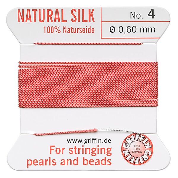 Thread, Griffin, silk, coral, size #4. Sold per 2-meter card (approximately 78 inches). image number 0
