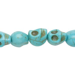 Bead, "turquoise" (resin) (imitation), blue-green, 12x9mm-10x10mm skull. Sold per 15-inch strand.