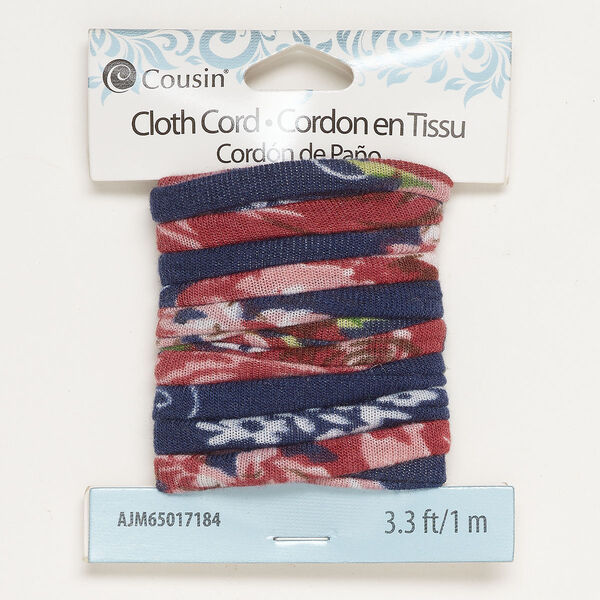 Cord, cloth, navy blue / pink / mixed colors, 5mm flat round with flower print. Sold per 1-meter section. image number 0