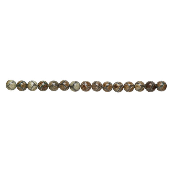 Bead, agate (dyed / heated), dark green / rusty tan / brown, 12mm round, B- grade, Mohs hardness 6-1/2 to 7. Sold per 8-inch strand, approximately 15 beads. image number 1