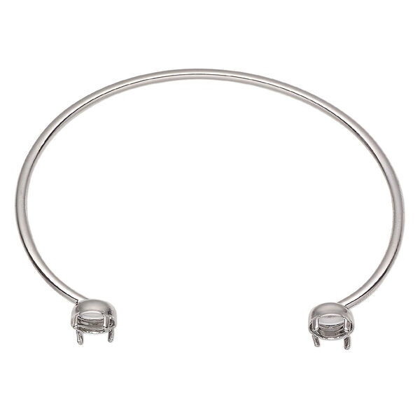 Bracelet, cuff, silver-finished brass, 2mm oval with (2) 7mm round rivoli or chaton mountings, 6-1/2 inches. Sold individually. image number 0