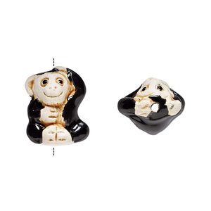 Bead, glazed ceramic, tan and black, 16x12mm hand-painted monkey. Sold per pkg of 2.