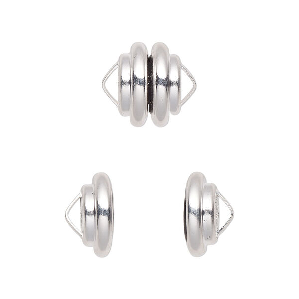 Clasp, Mag-Lok®, magnetic, silver-plated brass, 10.8x7.7mm ribbed rondelle. Sold per pkg of 12. image number 0