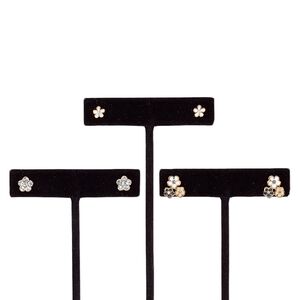 Earring, enamel / glass rhinestone / stainless steel / rose gold-finished steel / "pewter" (zinc-based alloy), assorted colors, 6x6mm flower / 7x7mm flower / 12x10mm triple flower with post. Sold per pkg of 3 pairs.