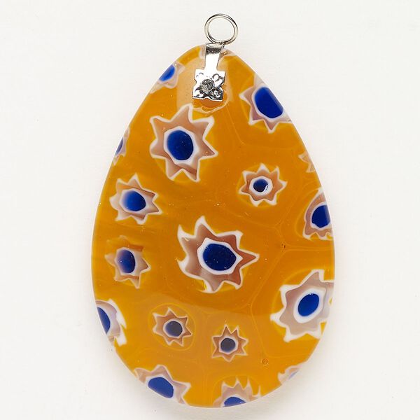 Focal 1pkg1 silver-finished steel and millefiori glass, translucent and transparent orange / blue / white, 47x30mm-48x33mm puffed teardrop. image number 0
