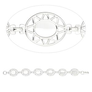 Bracelet component, silver-plated brass, 20x17 fancy oval with (6) 10x8mm oval settings, 7 inches with fold-over clasp. Sold per pkg of 10.