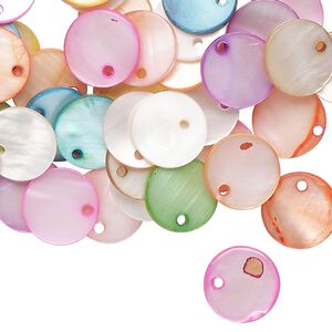Drop mix, mother-of-pearl shell (bleached/dyed), mixed colors, 10mm flat round, Mohs hardness 3-1/2. Sold per pkg of 100.
