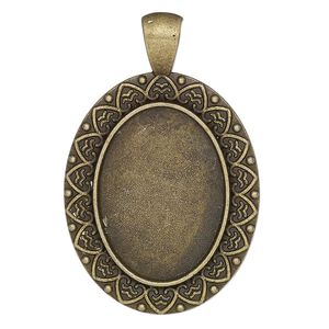 Pendant, glue-in, antique brass-finished "pewter" (zinc-based alloy), 44x28mm single-sided oval with heart design and 25x18mm oval setting. Sold per pkg of 2.
