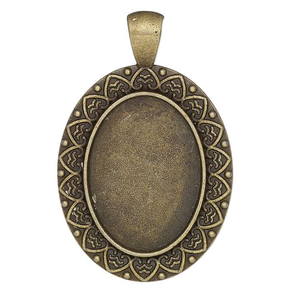 Pendant, glue-in, antique brass-finished "pewter" (zinc-based alloy), 44x28mm single-sided oval with heart design and 25x18mm oval setting. Sold per pkg of 2. image number 0