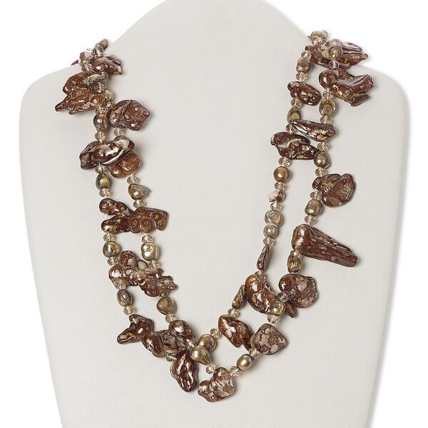 Necklace, cultured freshwater pearl (dyed) and glass, brown and light brown, freeform, 48-inch continuous loop. Sold individually. image number 0