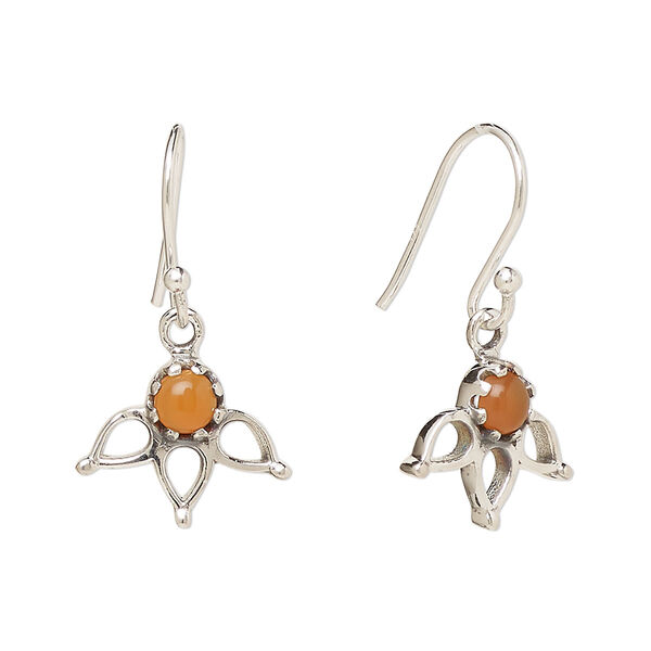 Ear wire, Create Compliments®, antiqued sterling silver and carnelian (dyed/heated), fishhook, 27mm with 14.5 x 12.5mm single-sided open 3-teardrop, 21 gauge. Sold per pair. image number 0