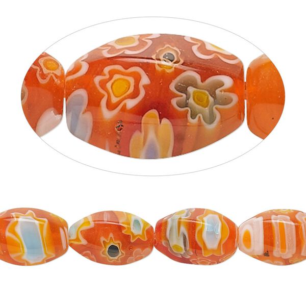 Bead, millefiori glass, translucent orange and multicolored, 12x8mm 6-sided twisted oval. Sold per 15-inch strand, approximately 30 beads. image number 0