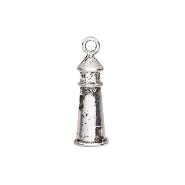 Charm, antique silver-finished pewter (tin-based alloy), 22x8.5mm 3D lighthouse. Sold per pkg of 2. image number 0