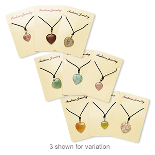 Necklace mix, multi-gemstone (natural / dyed / heated / stabilized) / nylon / silver finish brass, mixed colors, 15x15mm-21x21mm heart, adjustable up to 32 inches with knot closure. Sold per pkg of 3. image number 0