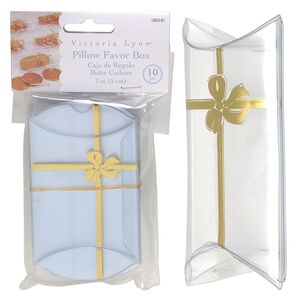 Favor box, Victoria Lynn™, plastic, clear and gold, 3-1/2 x 2-1/2 x 1 inch assembled pillow with bow. Sold per pkg of 10.