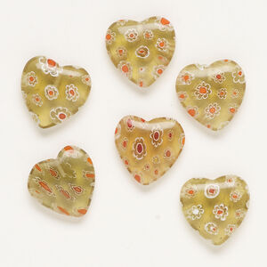Bead, millefiori glass, translucent tan / red / white, 17-20mm half-drilled puffed heart. Sold per pkg of 6.