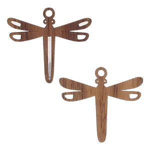 Drop, black walnut (natural) and aluminum foil, 25x20mm single-sided laser-cut dragonfly with cutout. Sold per pkg of 2.