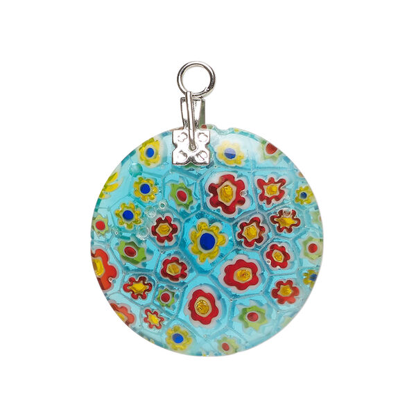 Component 1pkg1 millefiori glass and silver-finished steel, translucent teal and multicolored, 24-25mm puffed flat round. image number 0