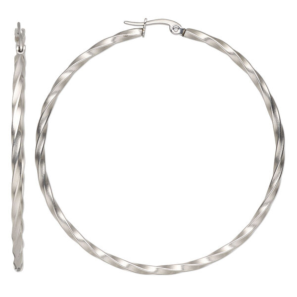 Earring, stainless steel, 2-1/4 inch twisted round hoop with hinged closure. image number 0