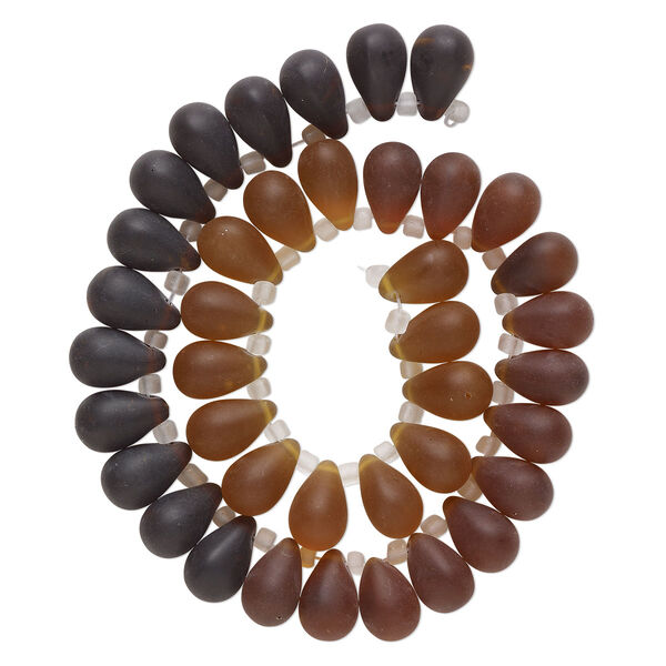 Bead, glass, translucent matte amber, brown and dark brown, 16x10mm top-drilled teardrop with irregular rondelles. Sold per 14-inch strand. image number 0