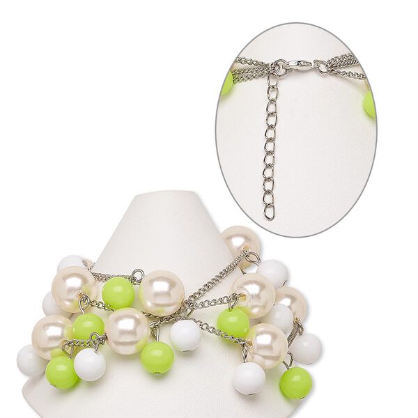Bracelet, acrylic / silver-finished steel / brass, lime green / champagne / white, 39mm wide, 7 inches with 2-inch extender chain and lobster claw clasp. Sold individually. image number 0