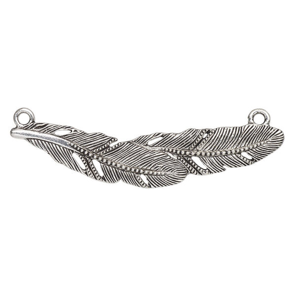 Focal, antique silver-finished pewter (tin-based alloy), 3 x 3/4 inch single-sided feather with 2 loops. Sold individually. image number 0