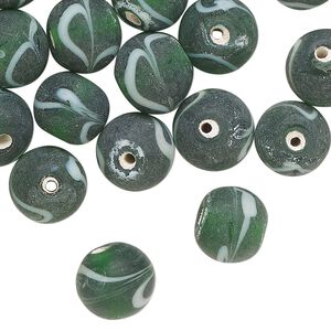 Bead, frosted glass, translucent dark green and white, 10mm round with swirl design. Sold per pkg of 40 beads.