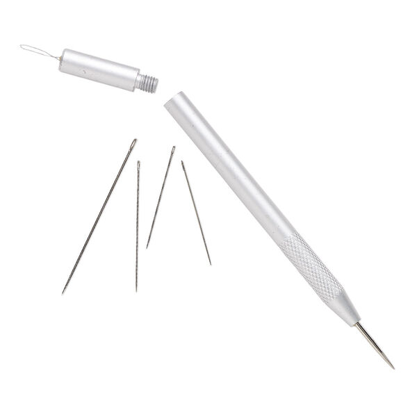 Awl and needle threader, steel / aluminum / plastic, 5-1/2 x 1/4 inches with (4) 31-50mm needles and knurled grip. Sold individually. image number 0
