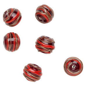 Bead, lampworked glass 1pkg6, translucent red / opaque red / copper-colored glitter, 15x12mm rondelle with swirl.