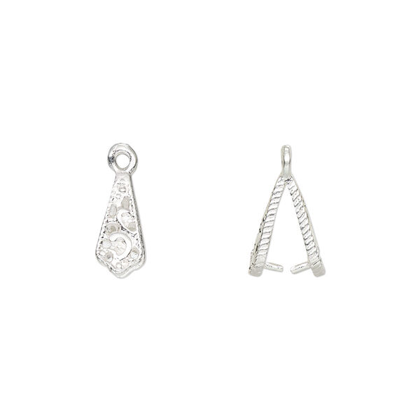 Bail, ice-pick, silver-plated brass, 11.5x5mm textured with cutout design, 6.5mm grip length. Sold per pkg of 6. image number 0