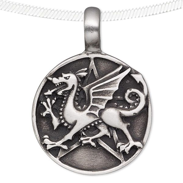 Pendant, antiqued pewter (tin-based alloy), 46x33mm round with dragon and star design. Sold individually. image number 0