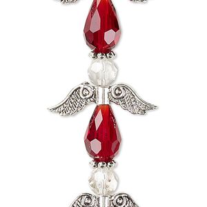 Bead, crystal and antique silver-plated "pewter" (zinc-based alloy), transparent red and clear, 23mm angel. Sold per pkg of 4.