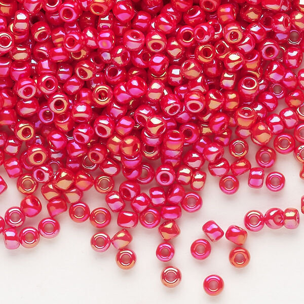 Seed bead, Dyna-Mites™, glass, opaque rainbow red, #8 round. Sold per 40-gram pkg. image number 0
