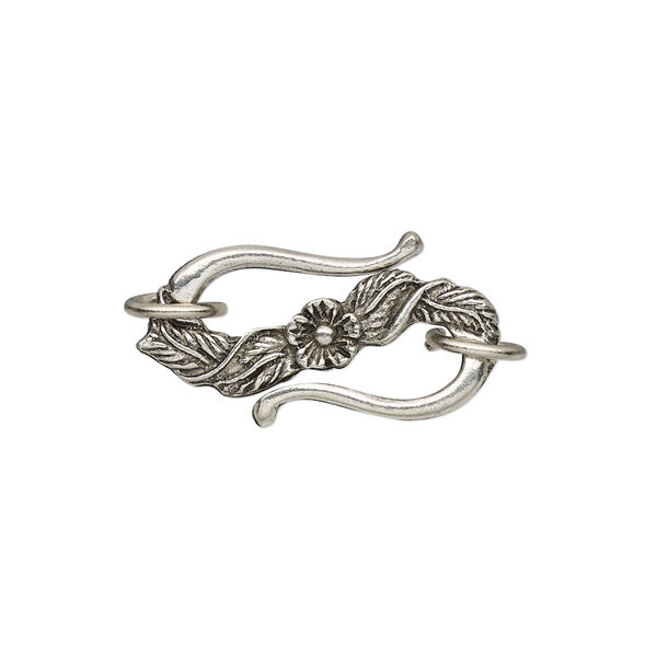 Clasp, S-hook, pewter (tin-based alloy), pkg/1, antiqued, 24x14mm with floral design and (2) 8mm jump rings. image number 0